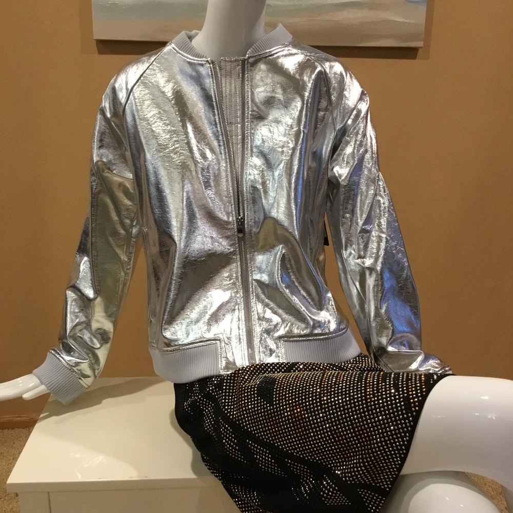 Guess silver metallic bomber baseball jacket L NWT